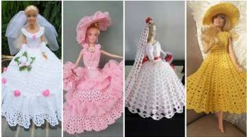 most beautiful Lovely crochet barbie doll' bridal dress with shell pattern & lace ruffle designs