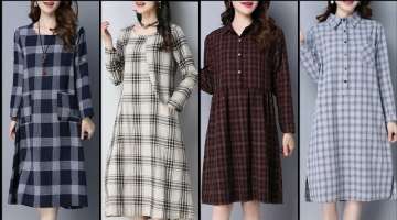 Super Stylish And Trendy Designer Casual Wear Cotton Plaid/Check Print Shift Dresses For Girls