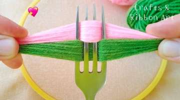 It's so Cute !! Superb Woolen Flower Making Trick Using Fork - Hand Embroidery...