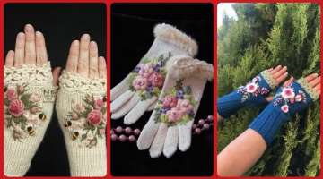 most Beautiful and Attractive Hand Knitted Flower Embroidered Fingerless Gloves Hand Warmer For G...