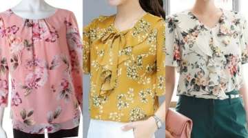 new arrival upcoming trend floral prints tie neck flare style casual wear chiffon blouse design